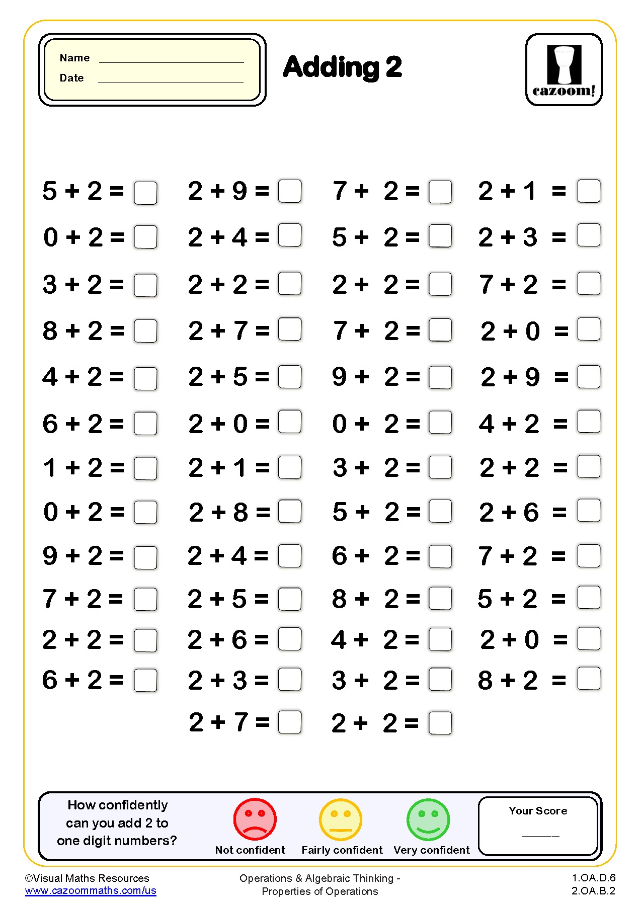 Adding 2 Drills Worksheet 50 Questions Grade 1 PDF Addition Worksheets Cazoom Math
