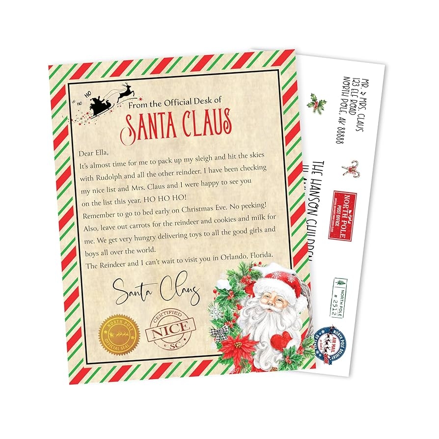 Amazon Personalized Letter From Santa With Envelope For Kids Christmas Official Letter From Santa Claus Personalized With Name And Address North Pole Santa Letter For Mailbox Letters From St Nicholas Arts 