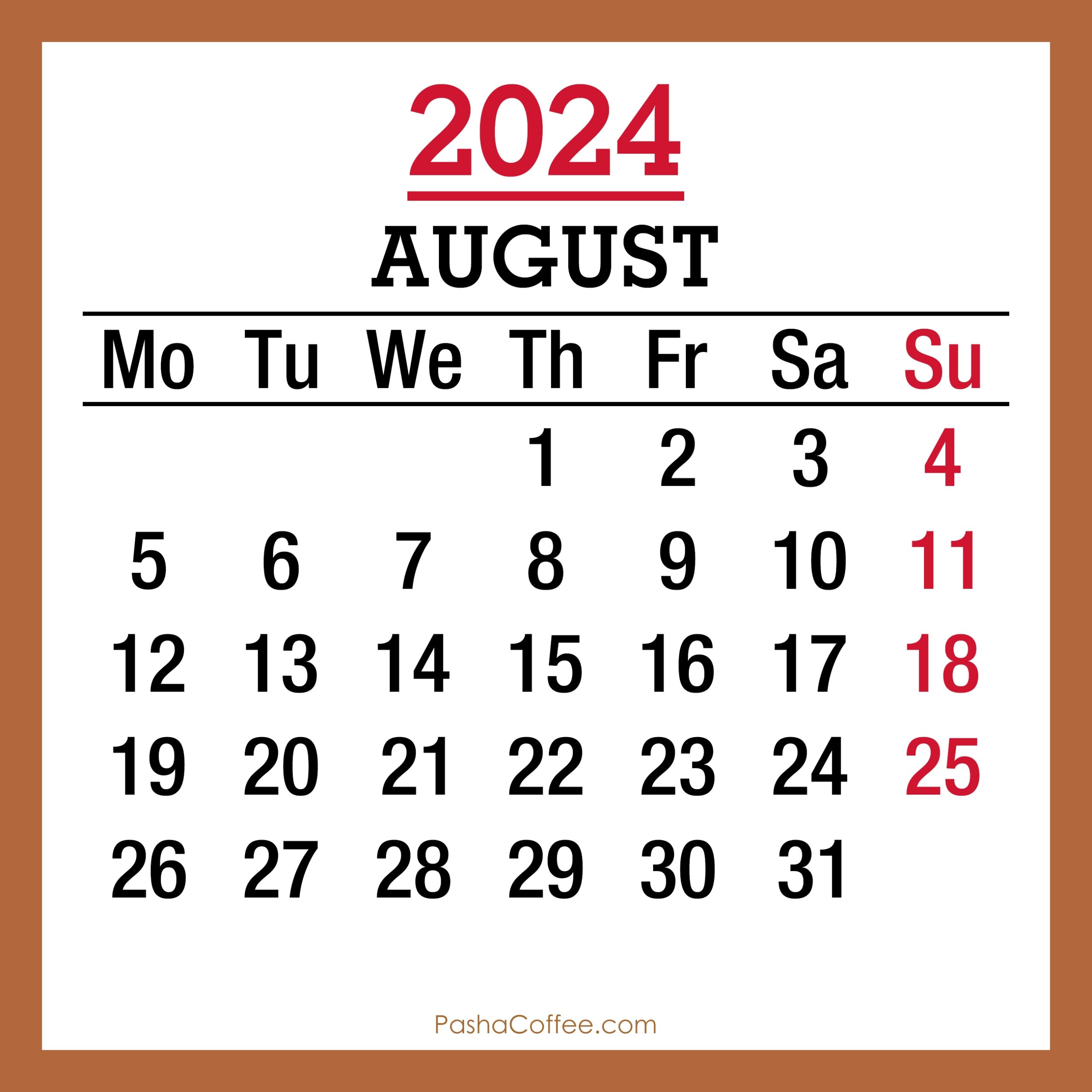 August 2024 Monthly Calendar Printable Free Beige Monday Start PashaCoffee