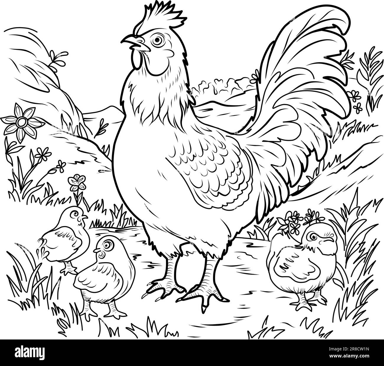 Bird Farm Coloring Page Hens And Chicks Linear Illustration For Coloring Stock Vector Image Art Alamy