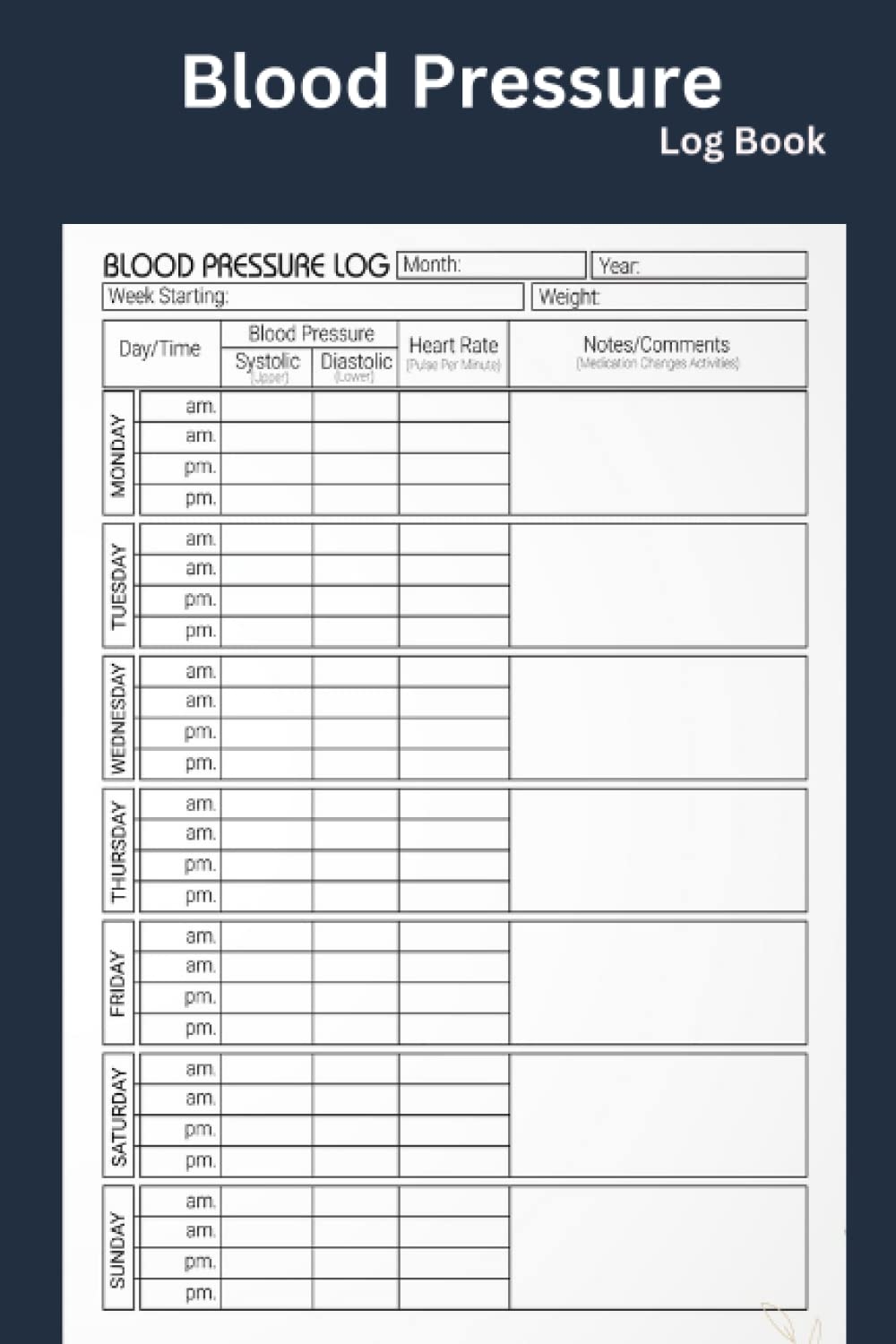 Blood Pressure Log Book Simple Daily Blood Pressure Log For Record And Monitor Blood Pressure At Home 120 Pages 6 X 9 Inches TURBAIN JAMMY Amazon de Books