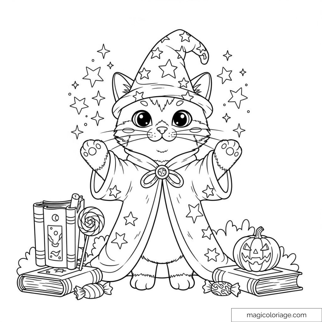 Cute Witch Cat Coloring Page With Books And Candy