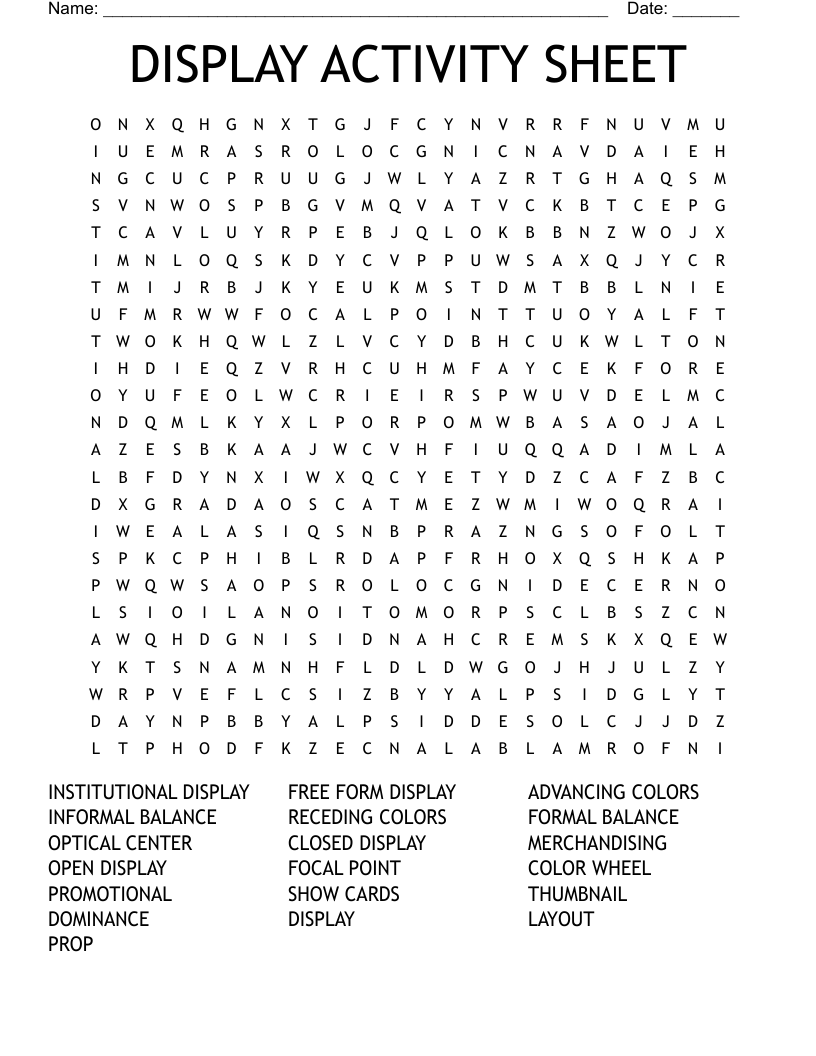 DISPLAY ACTIVITY SHEET Word Search WordMint