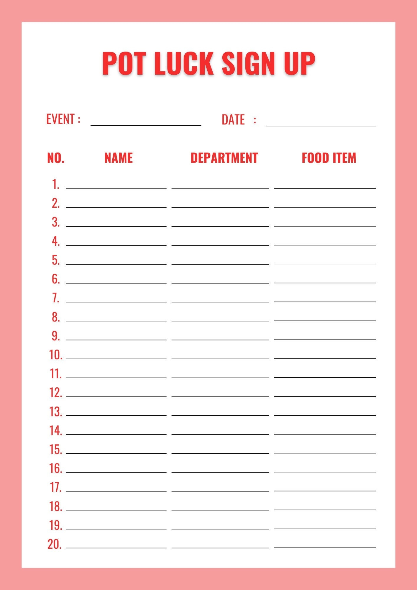 Easy Potluck Sign up Sheet Food Sign up Sheet Employee Sign up Sheet Sign up Form Pink Sign up Sheet Food Sheet School Potluck Sheet Etsy