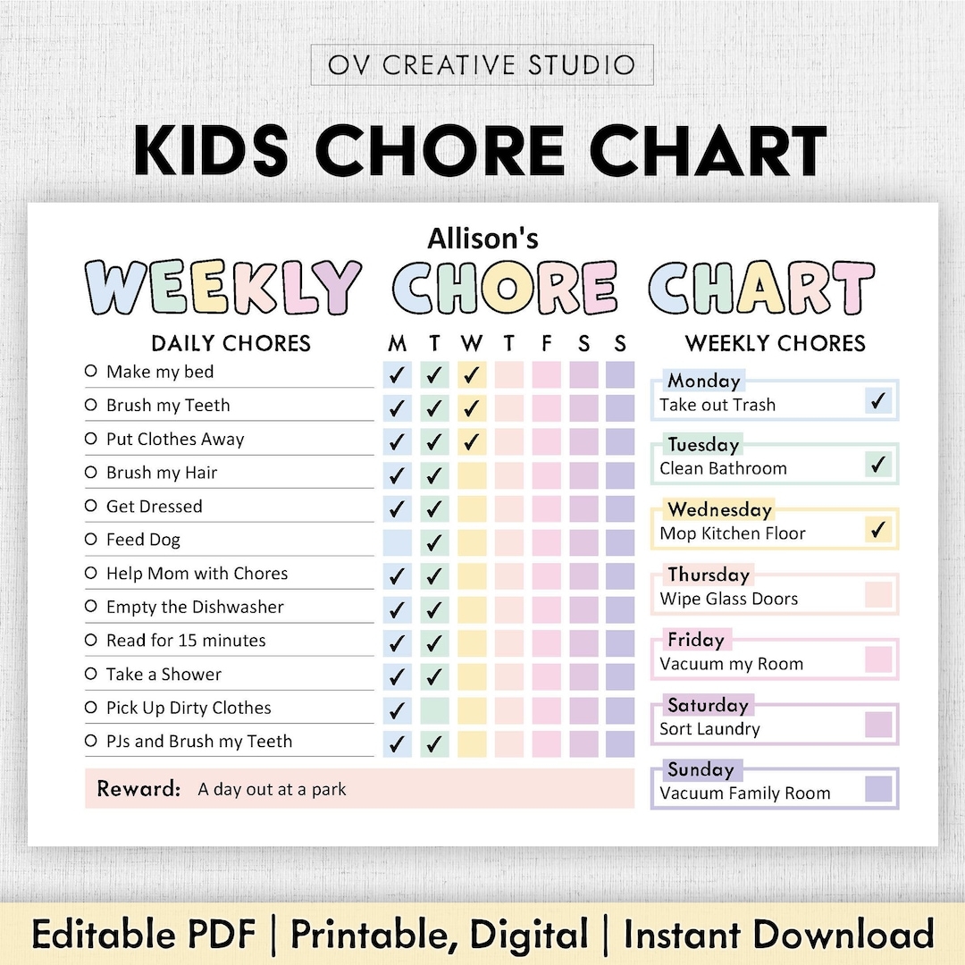 Editable Chore Chart For Kids Printable Kids Daily Weekly Responsibility Chart Kids Chore List Kids Daily Routine Checklist PDF Etsy UK