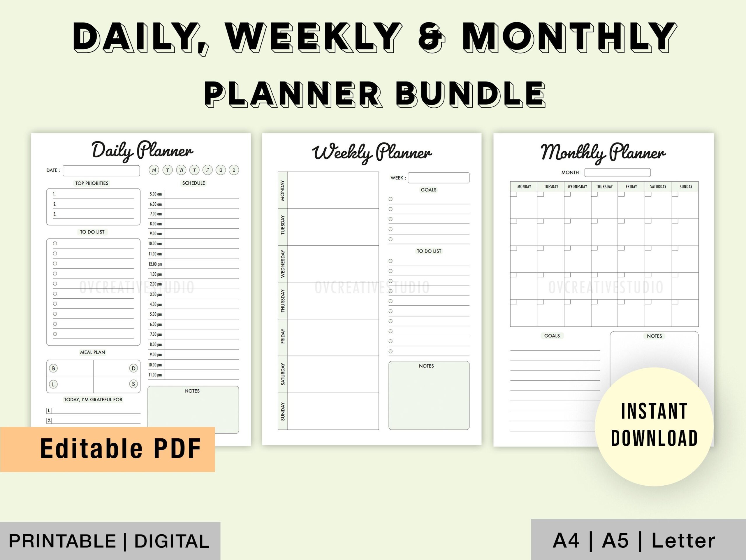 Editierbares Daily Weekly Monthly Planner Bundle Ausdruckbares Planerpaket Gr n To Do Liste T gliche Checkliste Digitale PDF A4 A5 Buchstabe Etsy de