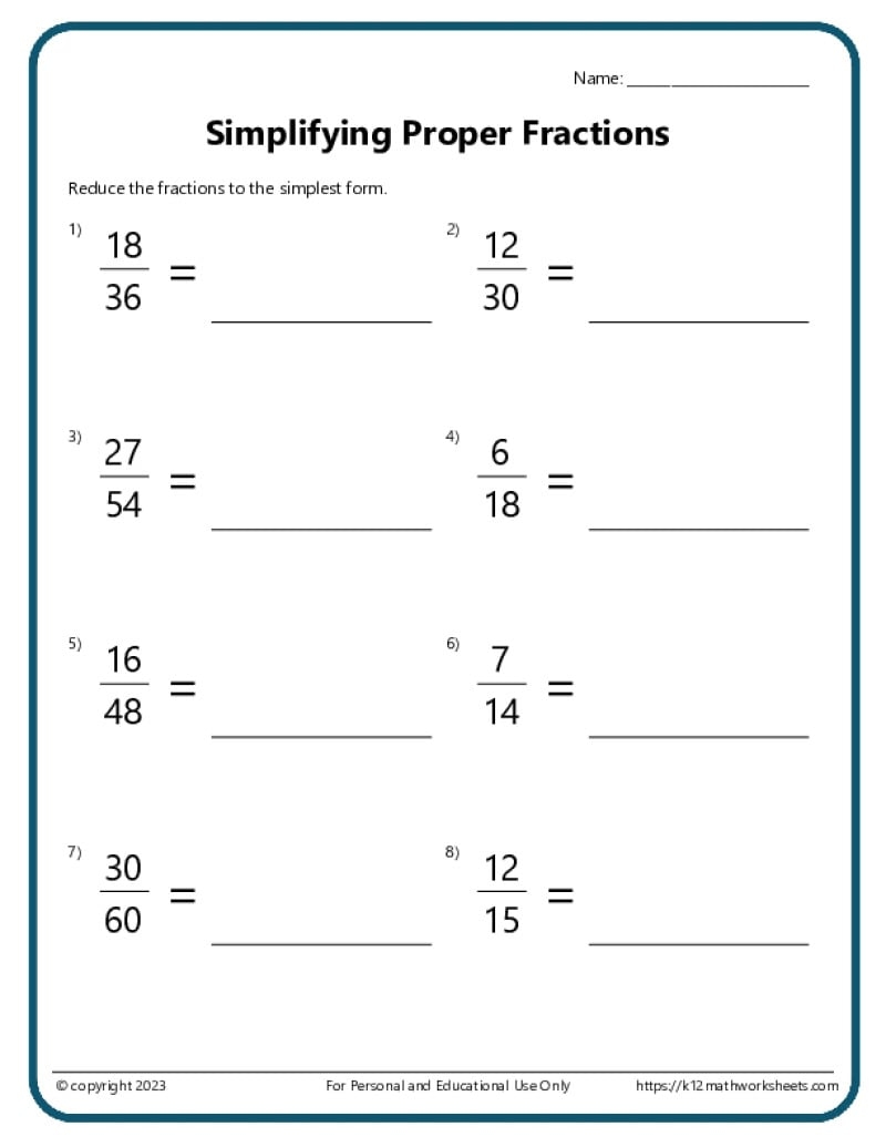 free printable fraction worksheets
