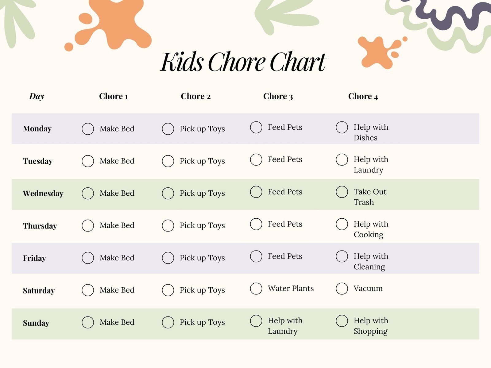 childrens chore chart printable