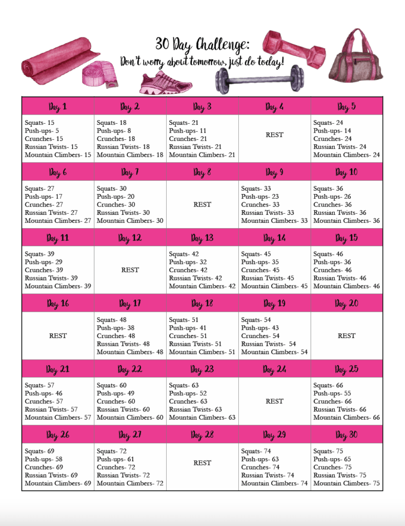 Free Exercise Printable 30 Day Challenge Easy Medium Hard Levels 