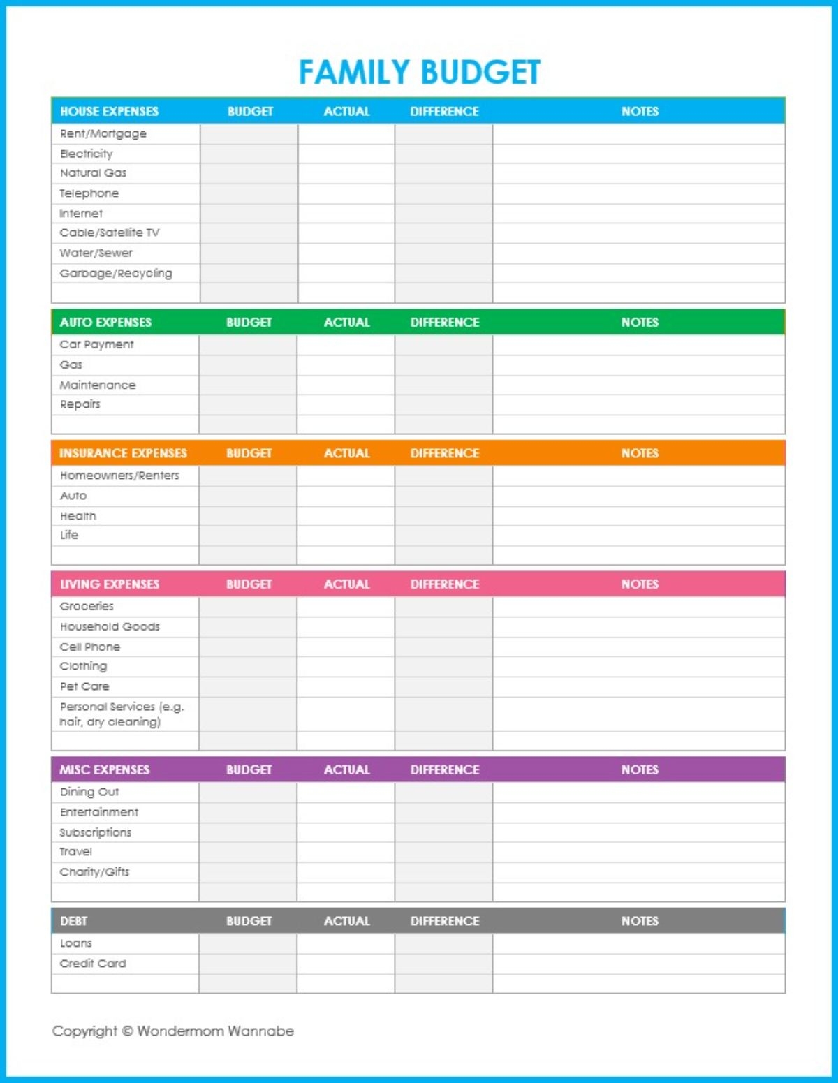 free budget worksheet printable
