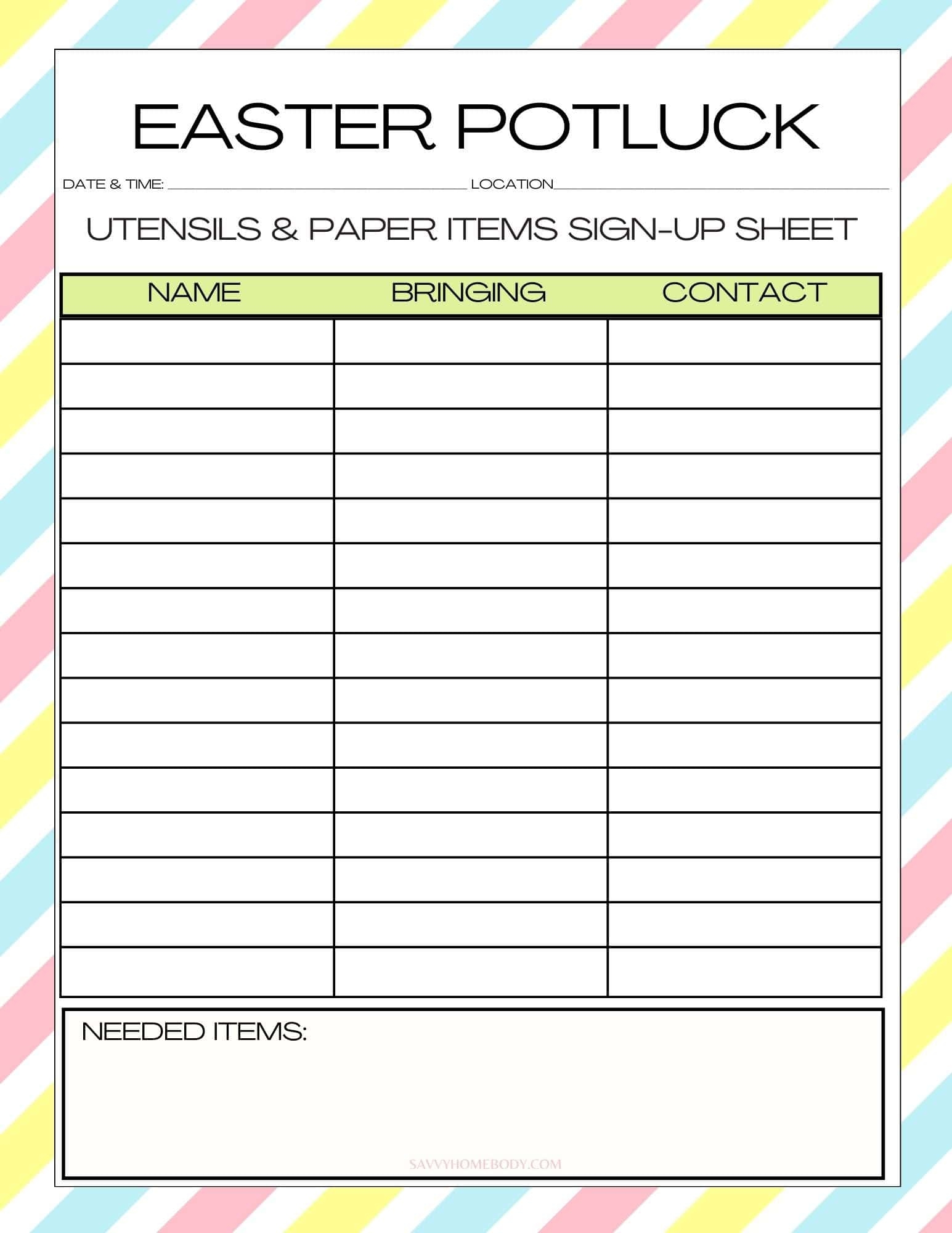 pot luck sign up sheet
