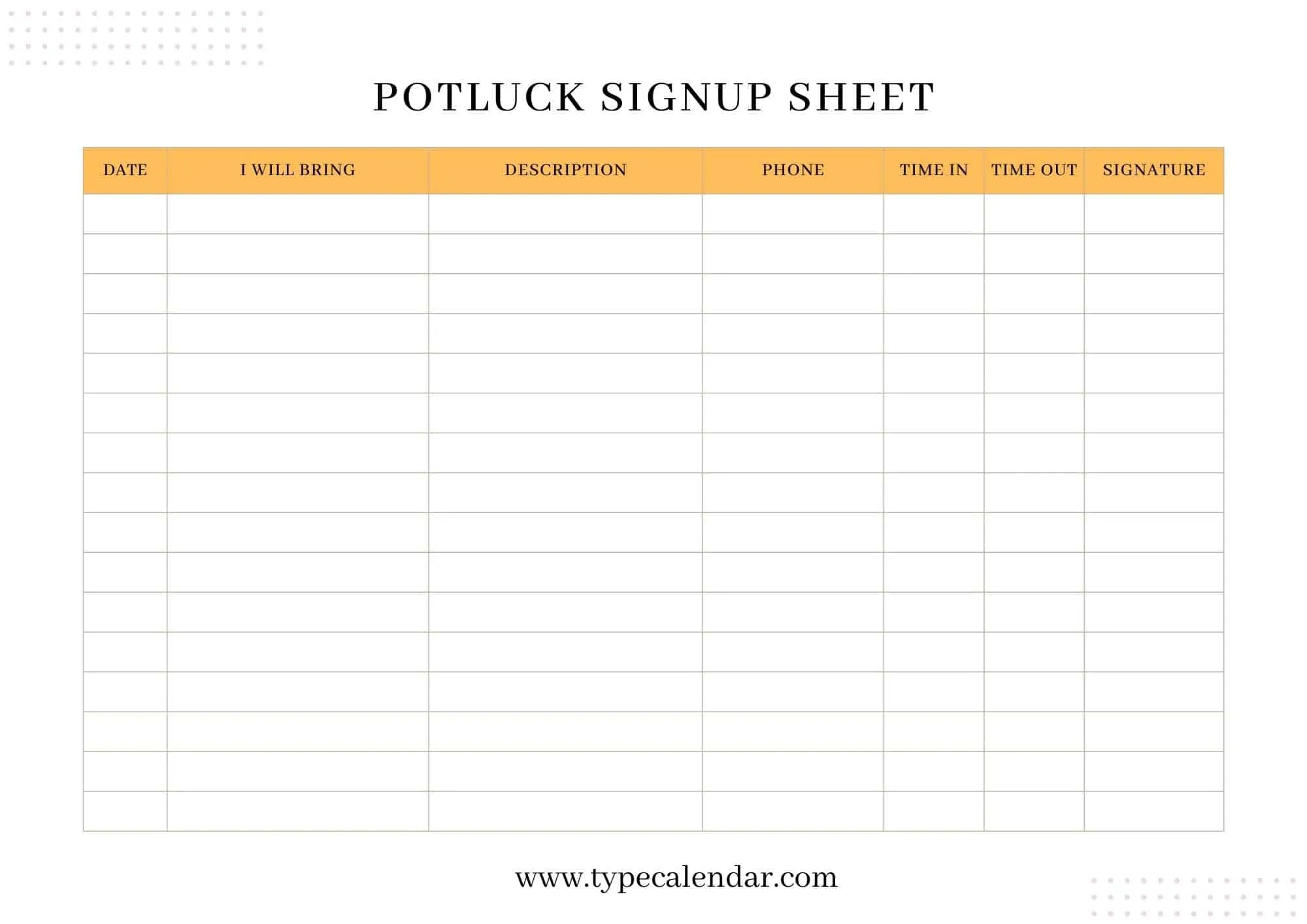 potluck sign up sheet template