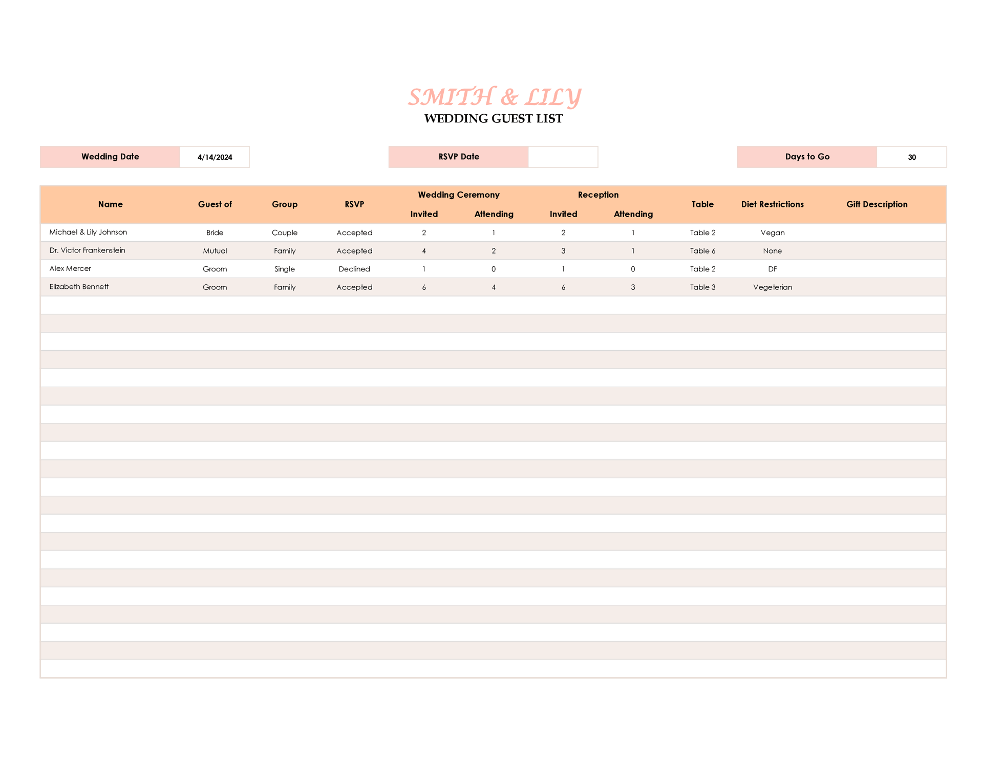 Free Wedding Guest Planner Excel GSheets WordLayouts Free Wedding Guest Planner Excel GSheets WordLayouts