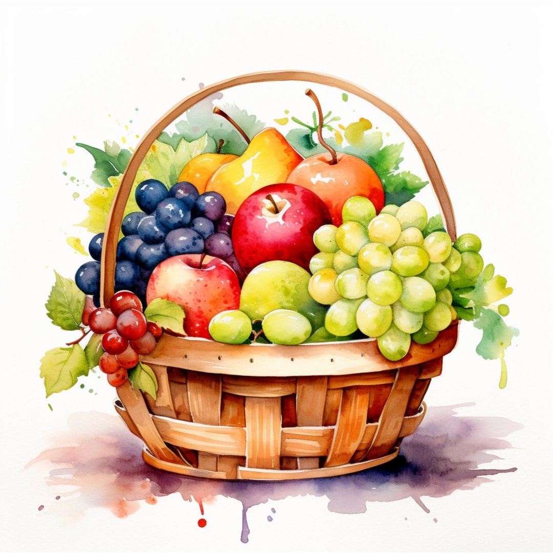 Fruits In Basket Watercolor Painting Kitchen Wall Decor Printable Wall Art Fruits Clipart Fruits Poster Fruits Instant Download Etsy