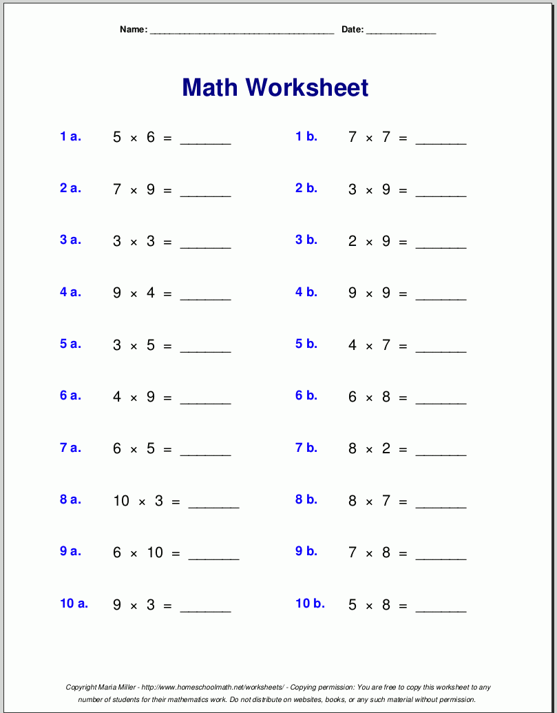 free multiplication facts worksheets