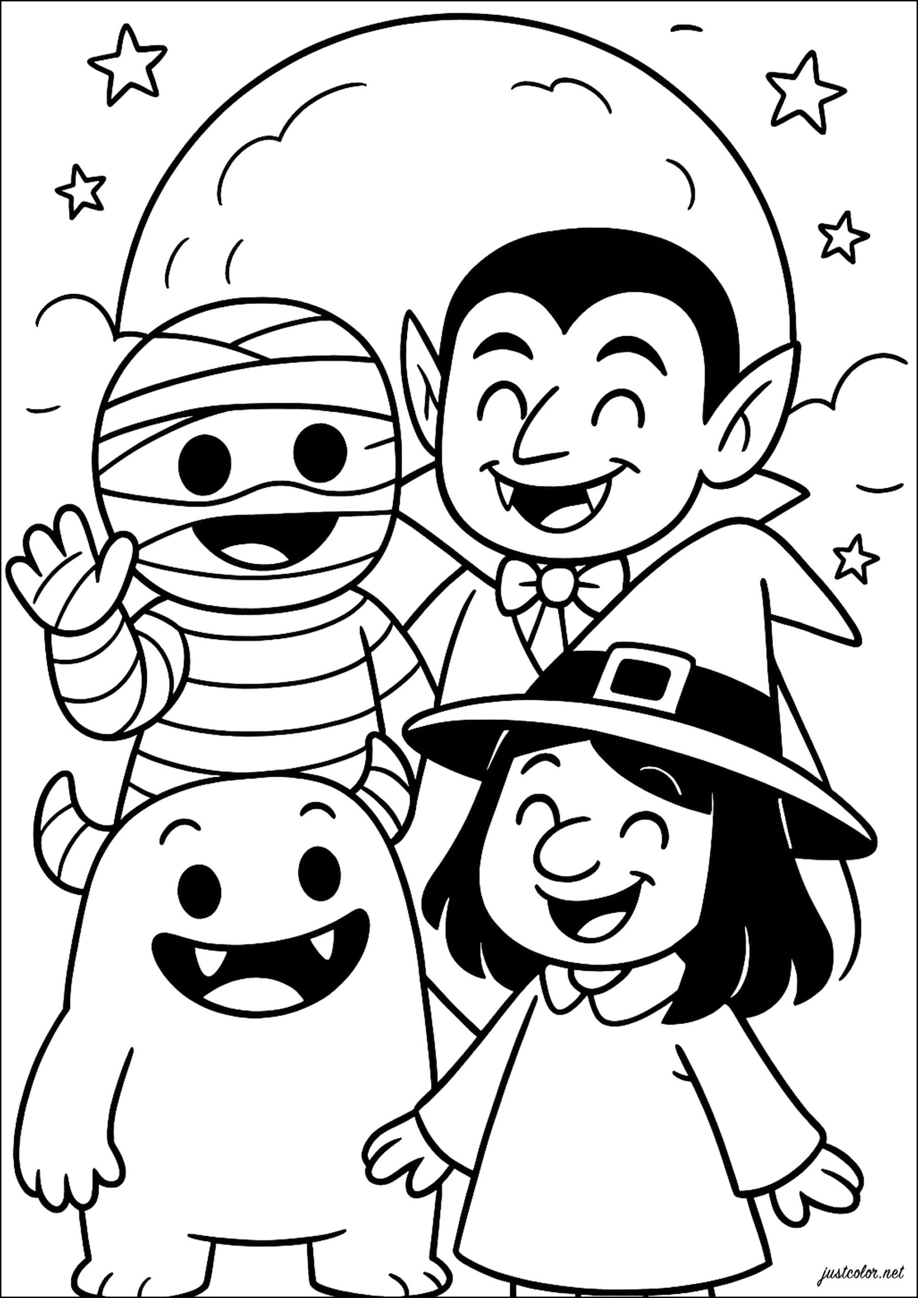 Halloween Creatures And Moonlight Halloween Coloring Pages For Kids