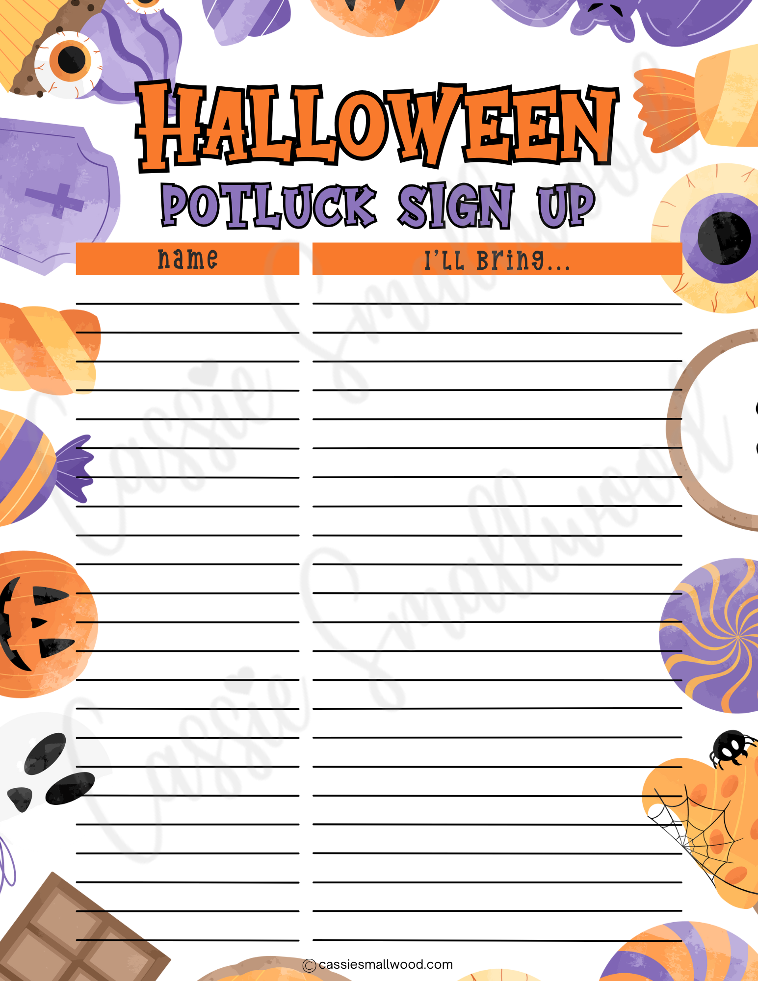Halloween Themed Potluck Sign Up Sheet Cassie Smallwood