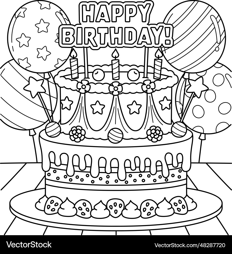 Happy Birthday Cake Coloring Page For Kids Vector Image