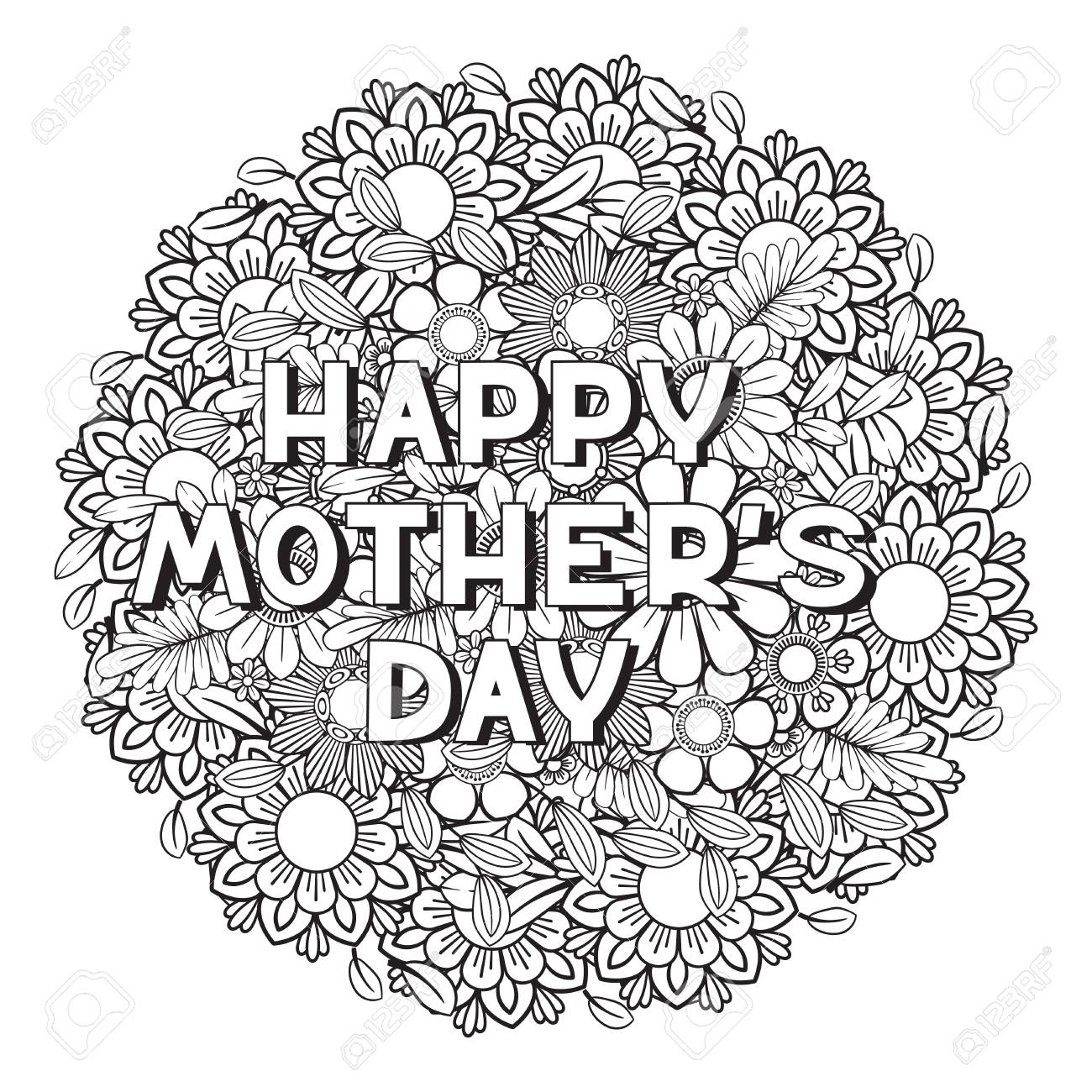 Happy Mother s Day Coloring Page For Adult Coloring Book Black And White Vector Illustration Isolated On White Background Royalty Free SVG Cliparts Vectors And Stock Illustration Image 126779255 