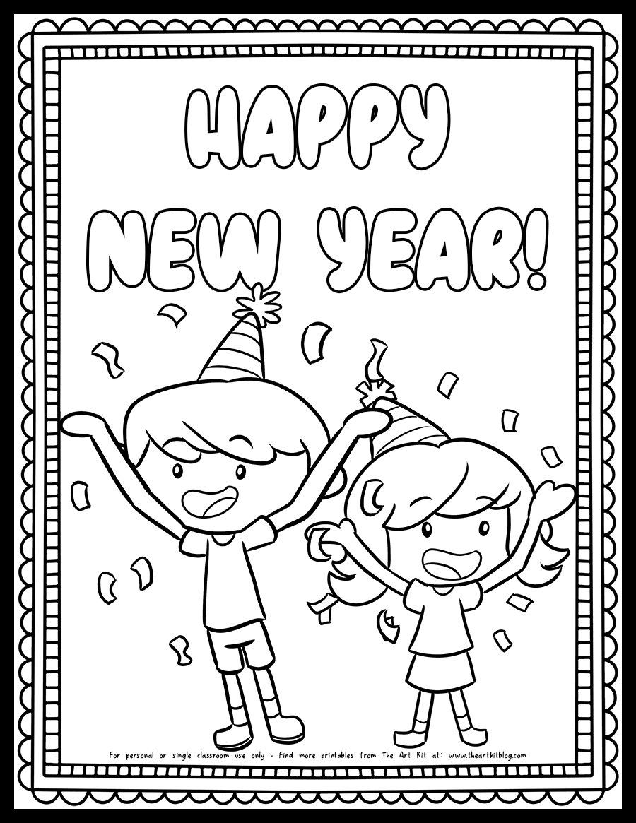 Happy New Year Coloring Page With Girl Boy And Confetti Free Printable The Art Kit