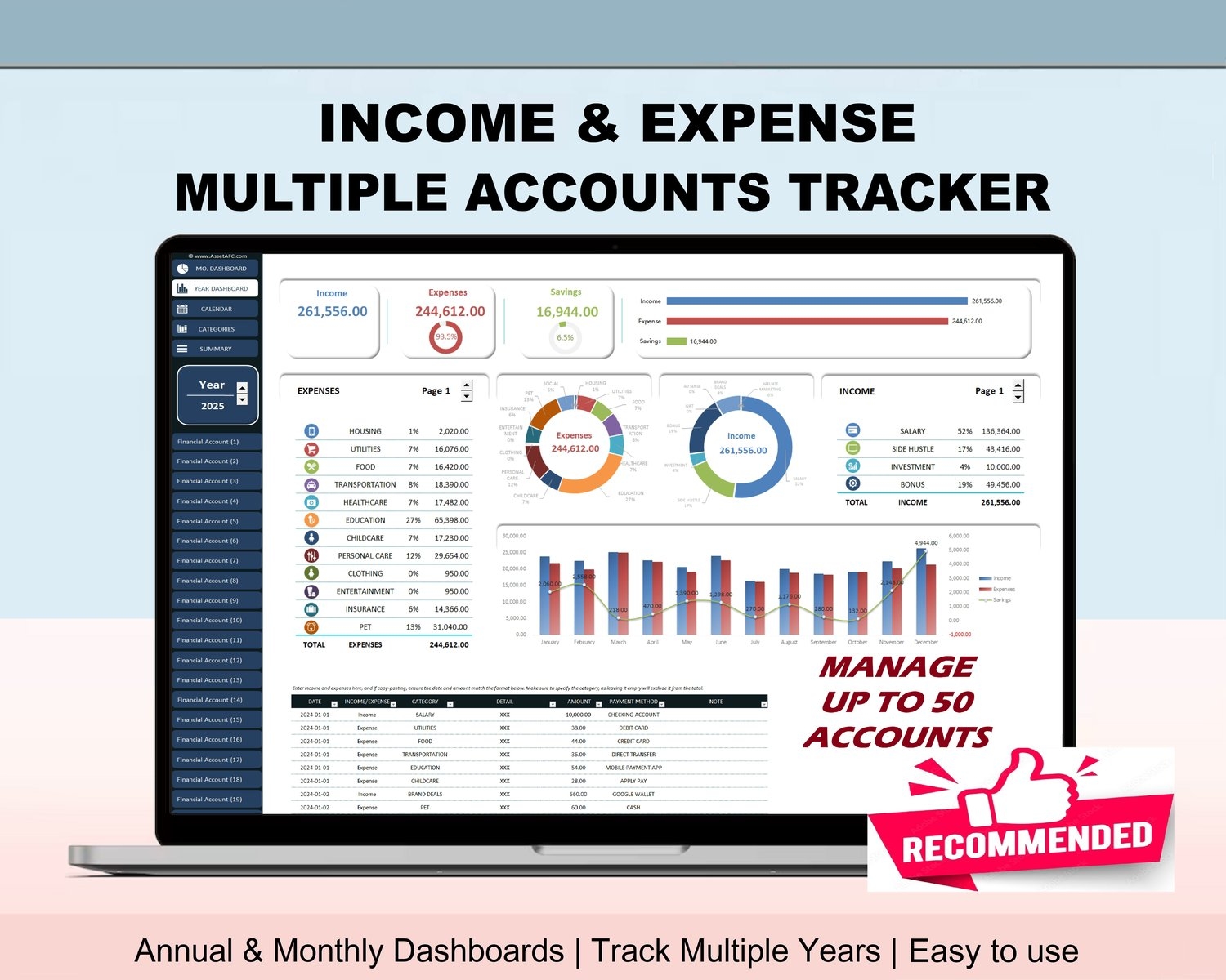 Income Expense Multiple Accounts Tracker Bright Version