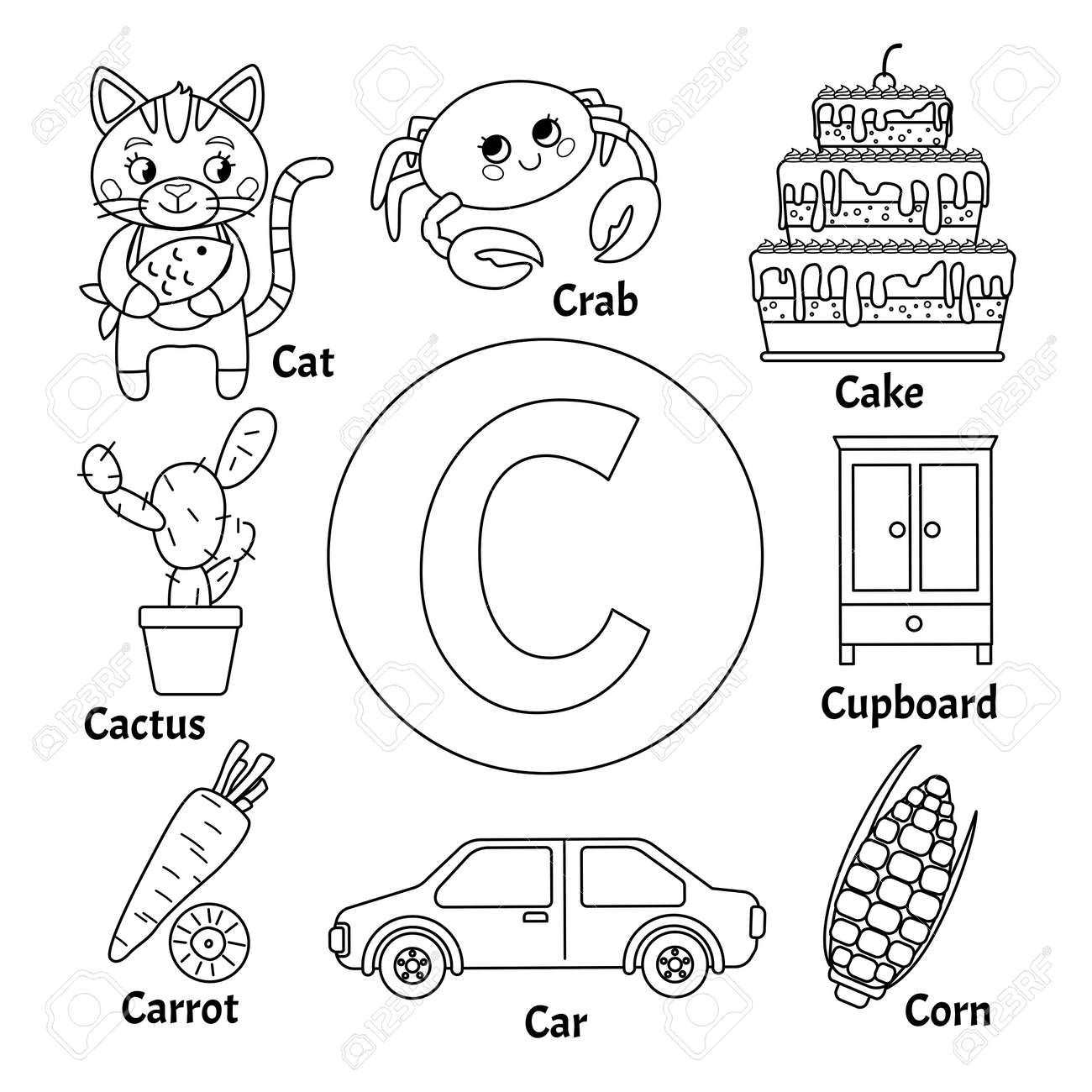 Learning Card Alphabet Letter C Set Of Cute Cartoon Illustrations Coloring Page Royalty Free SVG Cliparts Vectors And Stock Illustration Image 126973643 Learning Card Alphabet Letter C Set Of Cute Cartoon Illustrations Coloring Page Royalty Free SVG Cliparts Vectors And Stock Illustration Image 126973643