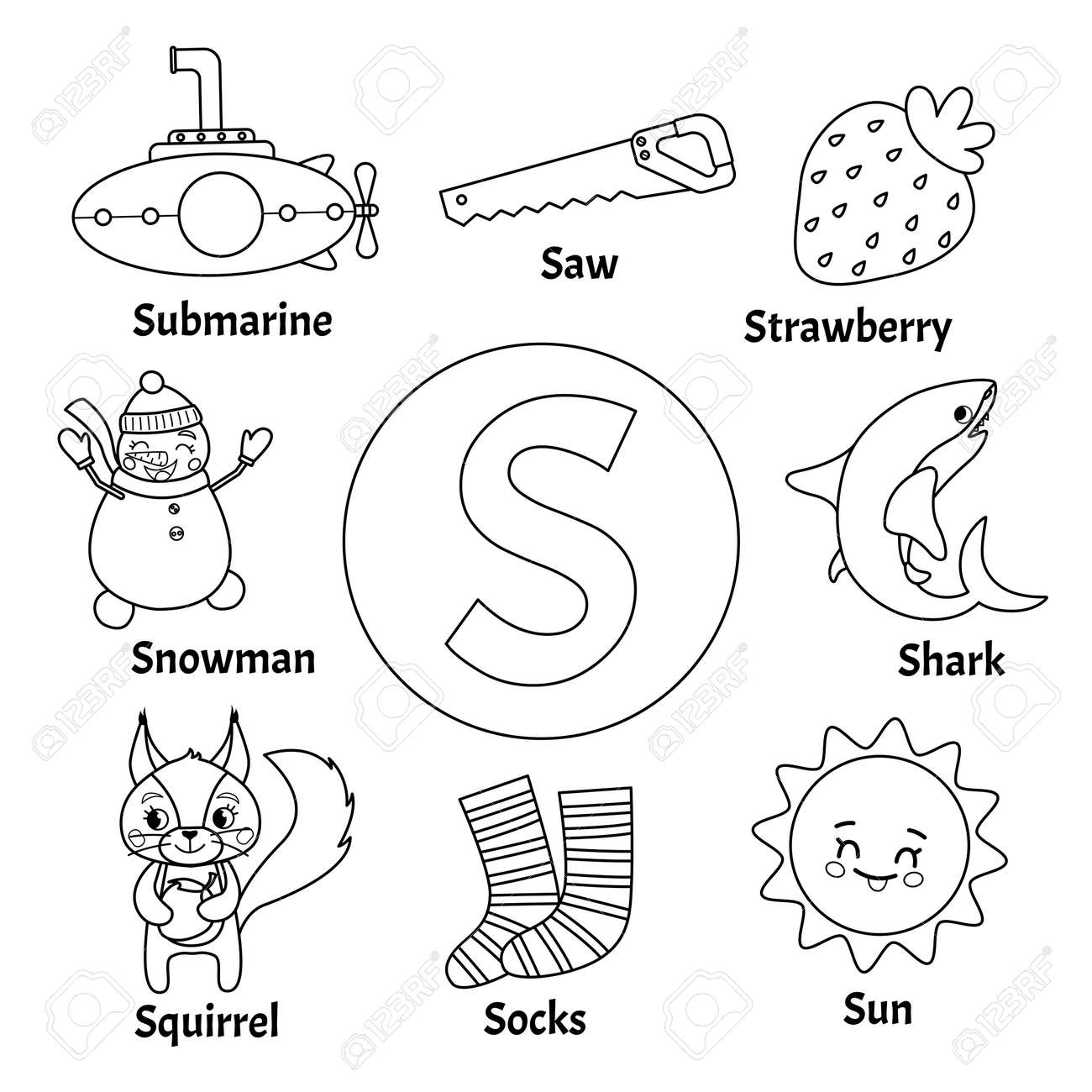 Learning Card Alphabet Letter S Set Of Cute Cartoon Illustrations Coloring Page Royalty Free SVG Cliparts Vectors And Stock Illustration Image 126973631 
