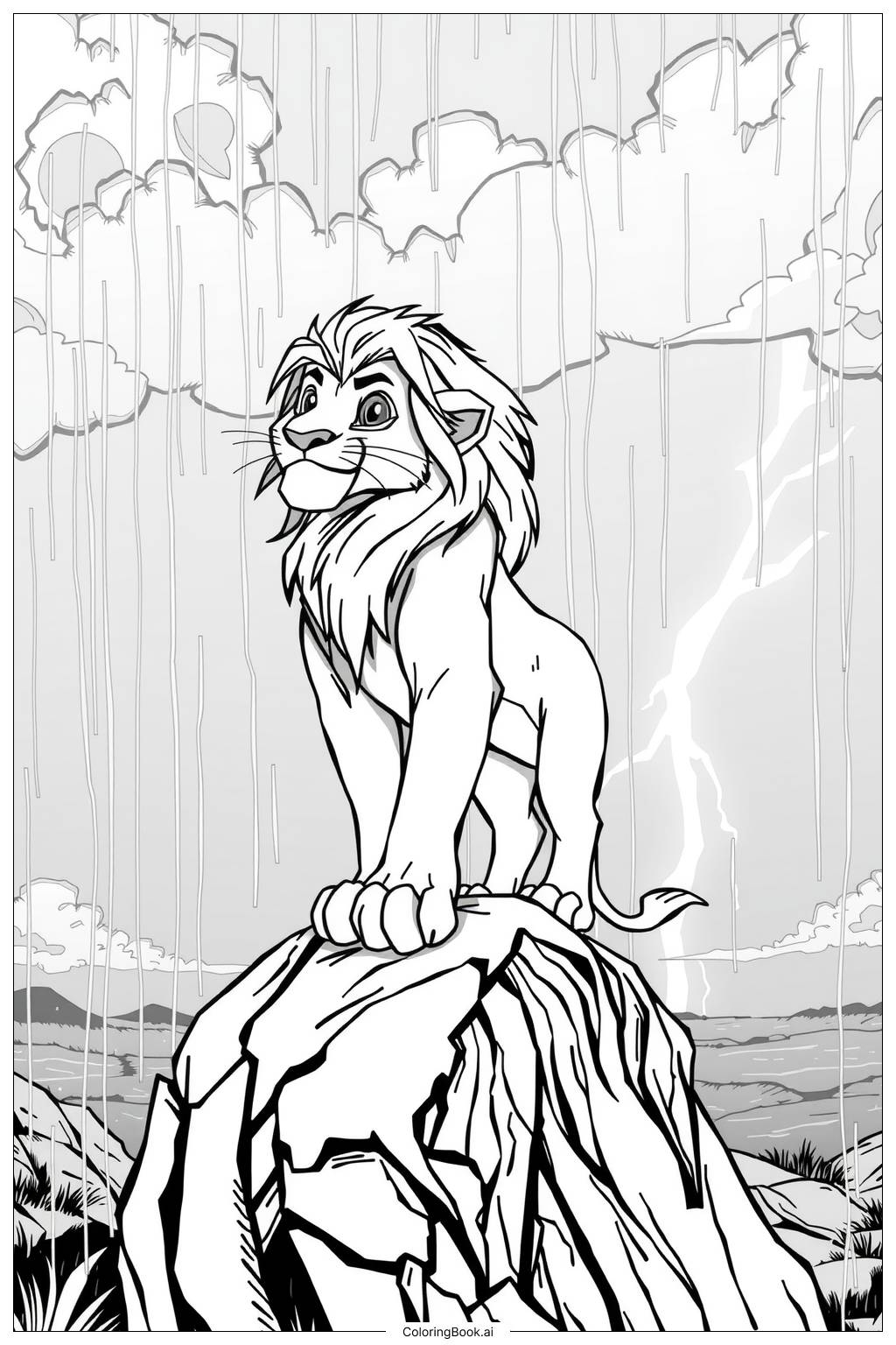 Lion King Simba Standing On Pride Rock During The Rain 2 Coloring Page Free PDF PNG Printable 