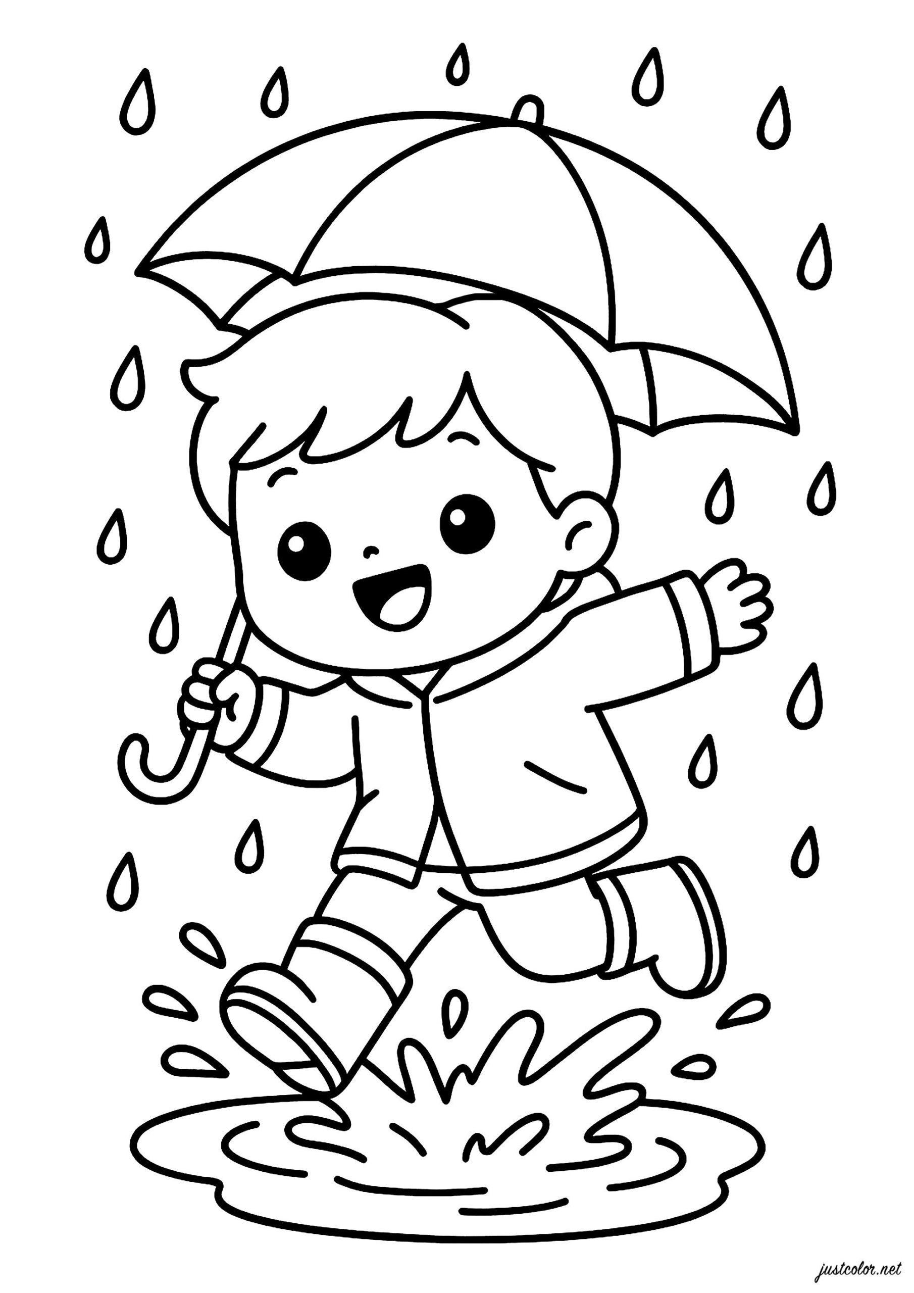 Little Boy In The Rain Playing With Splashes Rainy Day Coloring Pages