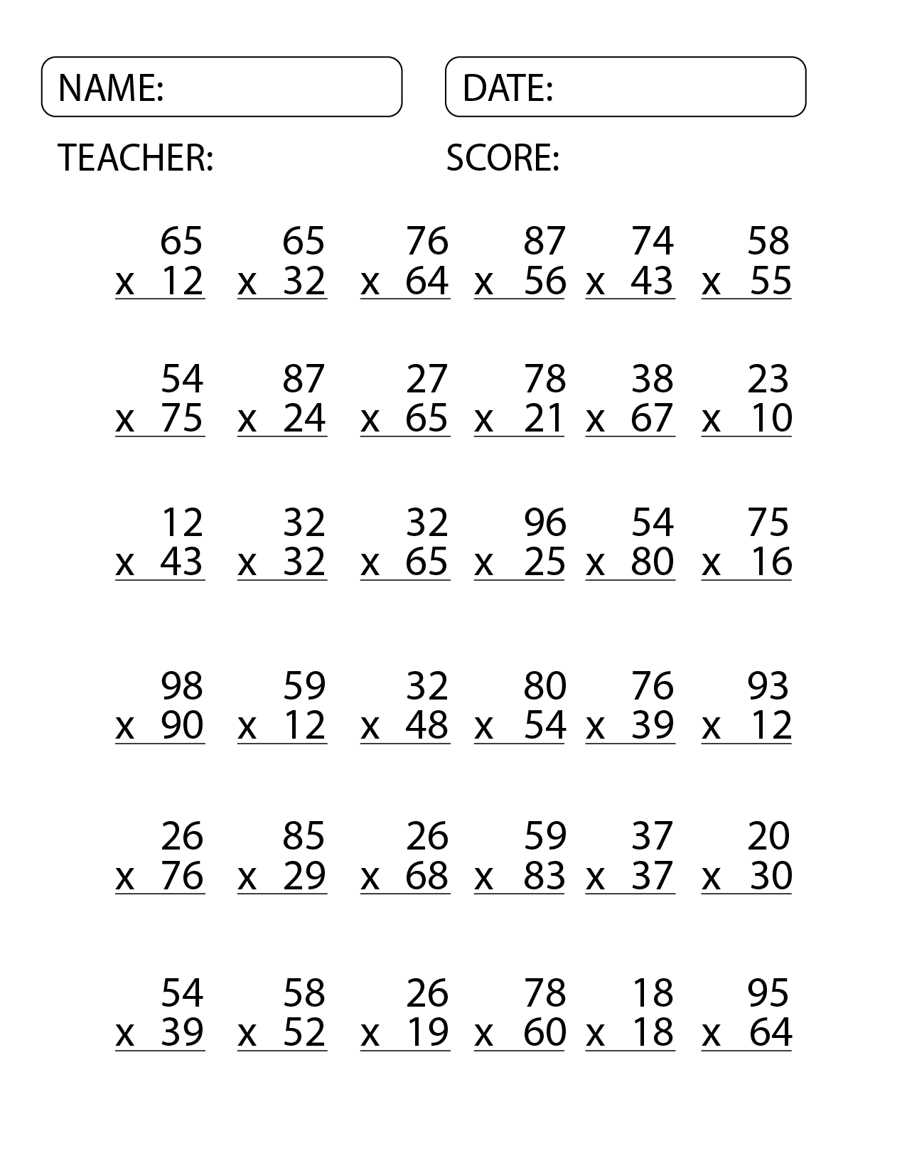 free printable worksheets multiplication