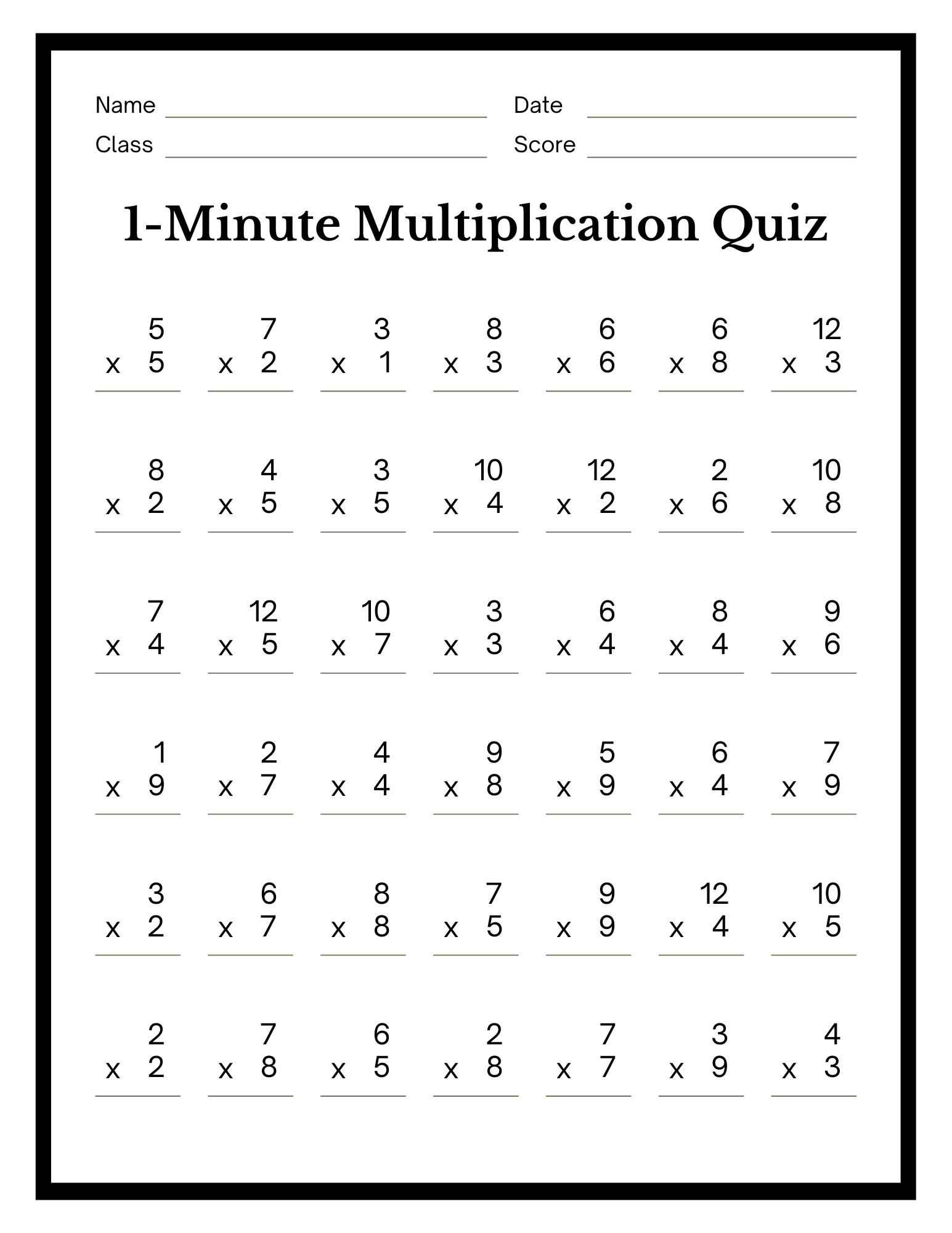 free printable multiplication sheets