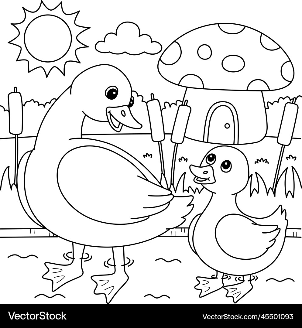 Mother Duck And Duckling Coloring Page Royalty Free Vector