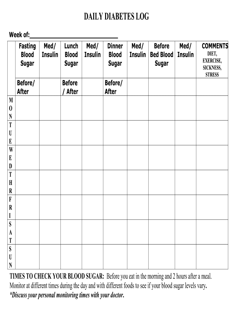 NIH NIDDK Daily Diabetes Log Form Fill Online Printable Fillable Blank PdfFiller
