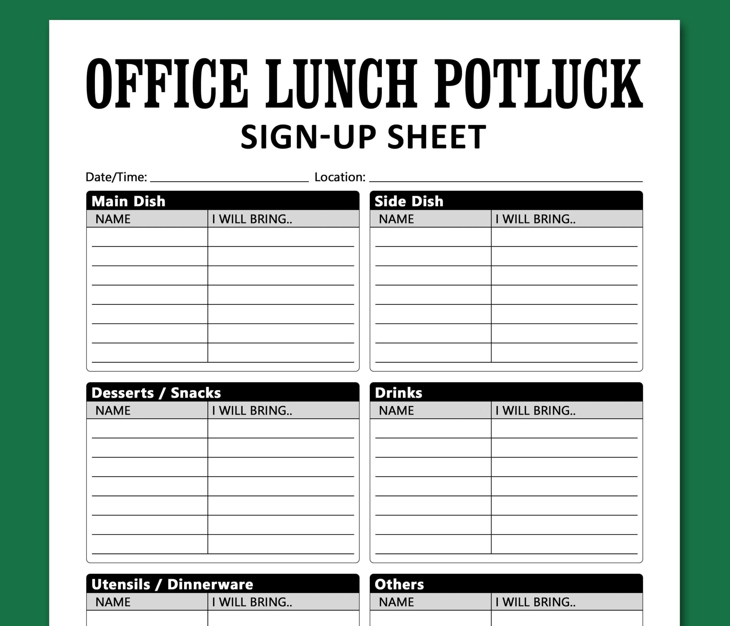 Office Lunch Potluck Sign Up Sheet PRINTABLE Template Work Celebration Co workers Friends Party Food Signup Instant Download Letter A4 Etsy