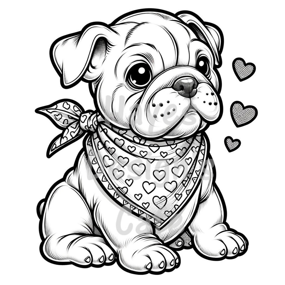 Pitbull Puppy Coloring Page Hearts Bandana Dog Line Art digital Download Etsy UK