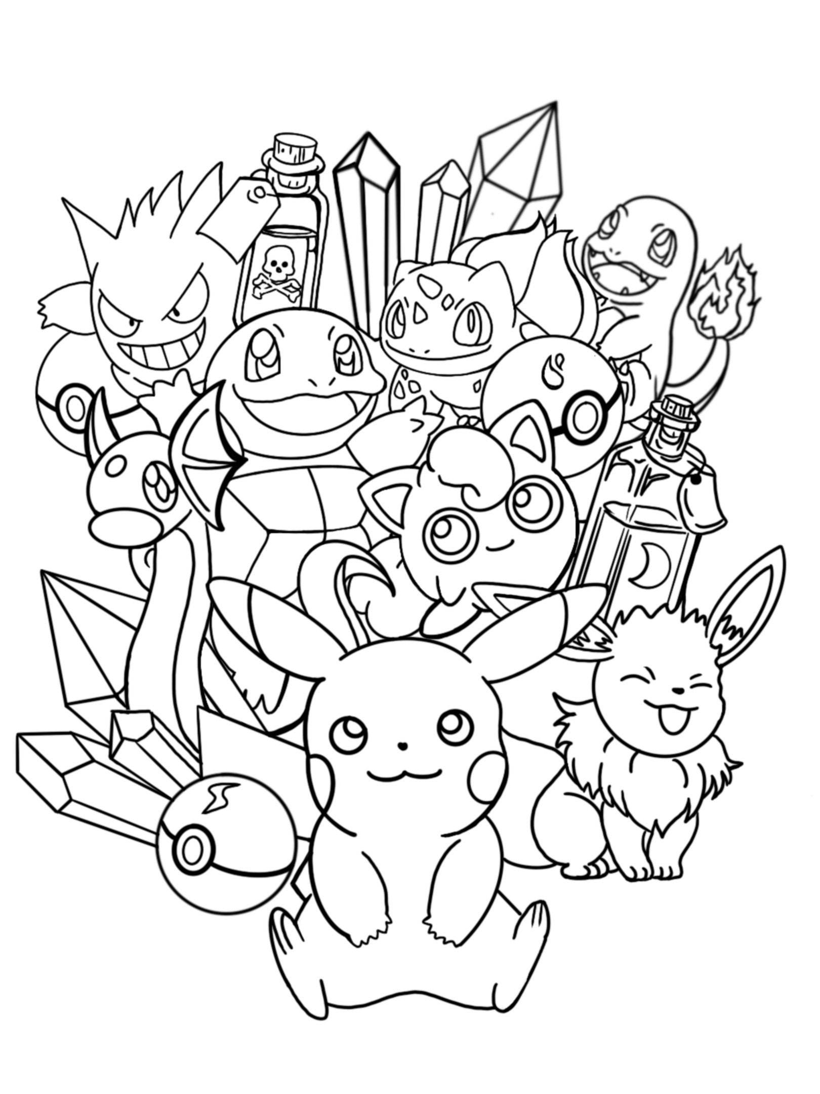Pokemon Coloring Page Feat Pikachu And Friends With Crystals And Potions Etsy Ireland