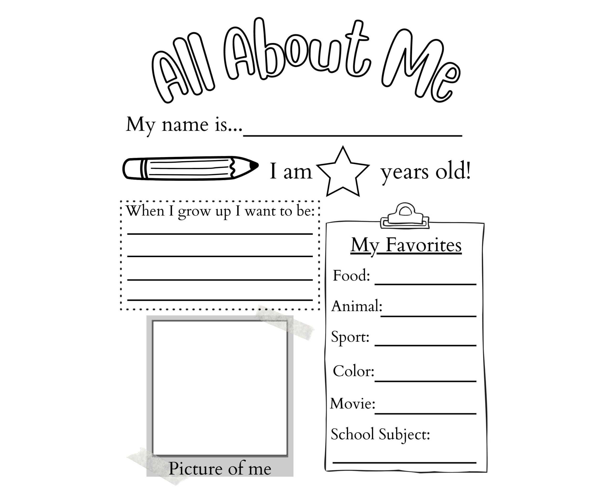PRINTABLE All About Me Worksheet Printable Activity For Kids First Day Of School Questionnaire PDF Etsy UK