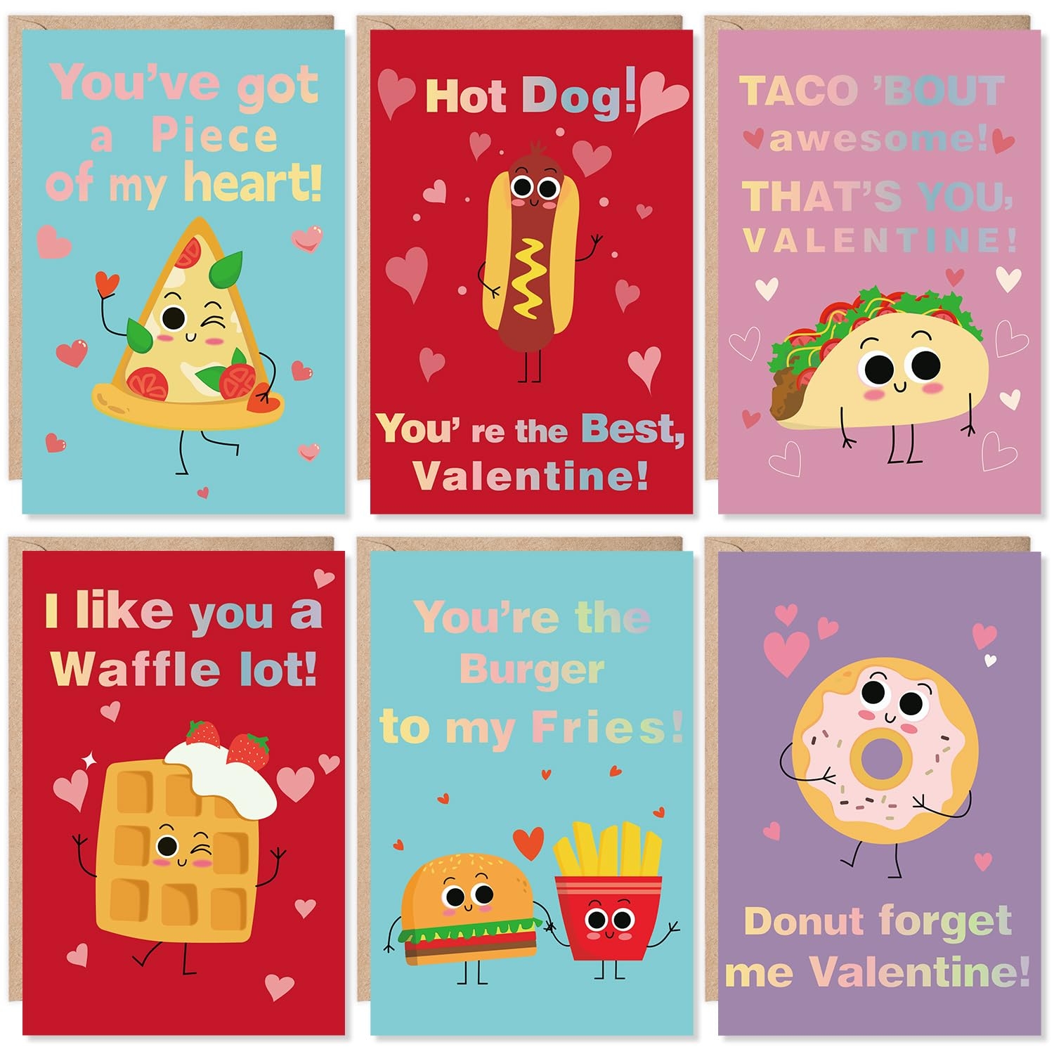 Quera Funny Food Greeting Cards For Kids Mini Valentine s Day Cards Assortment Valentine s Day Cards With Envelopes 6 X 4 Inches 6 Styles Pizza Hamburger Donut French Fries Etc Amazon de Stationery