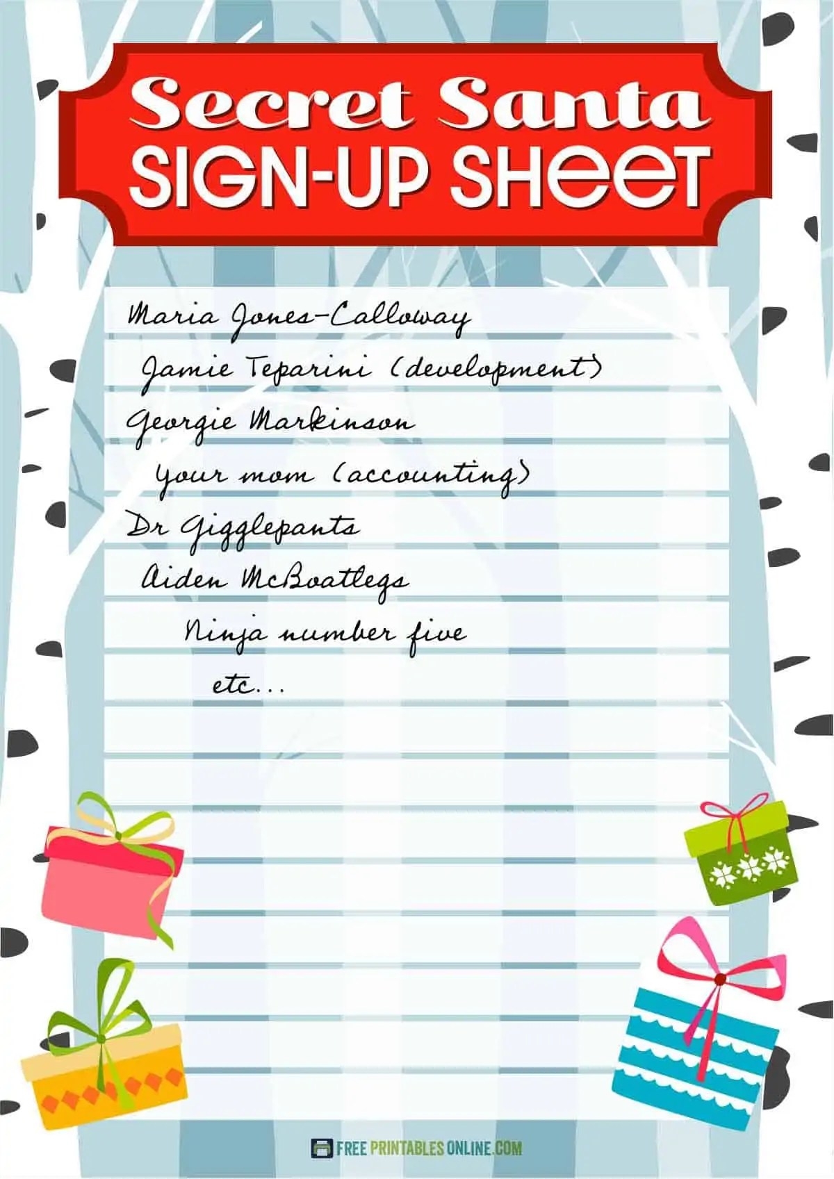 secret santa sign up sheet