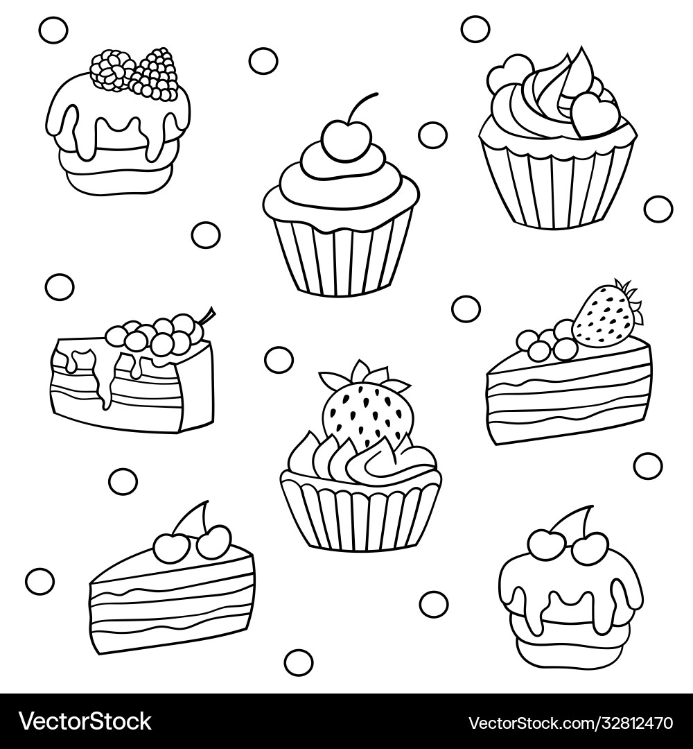 Set Sweet Cakes Coloring Page Royalty Free Vector Image