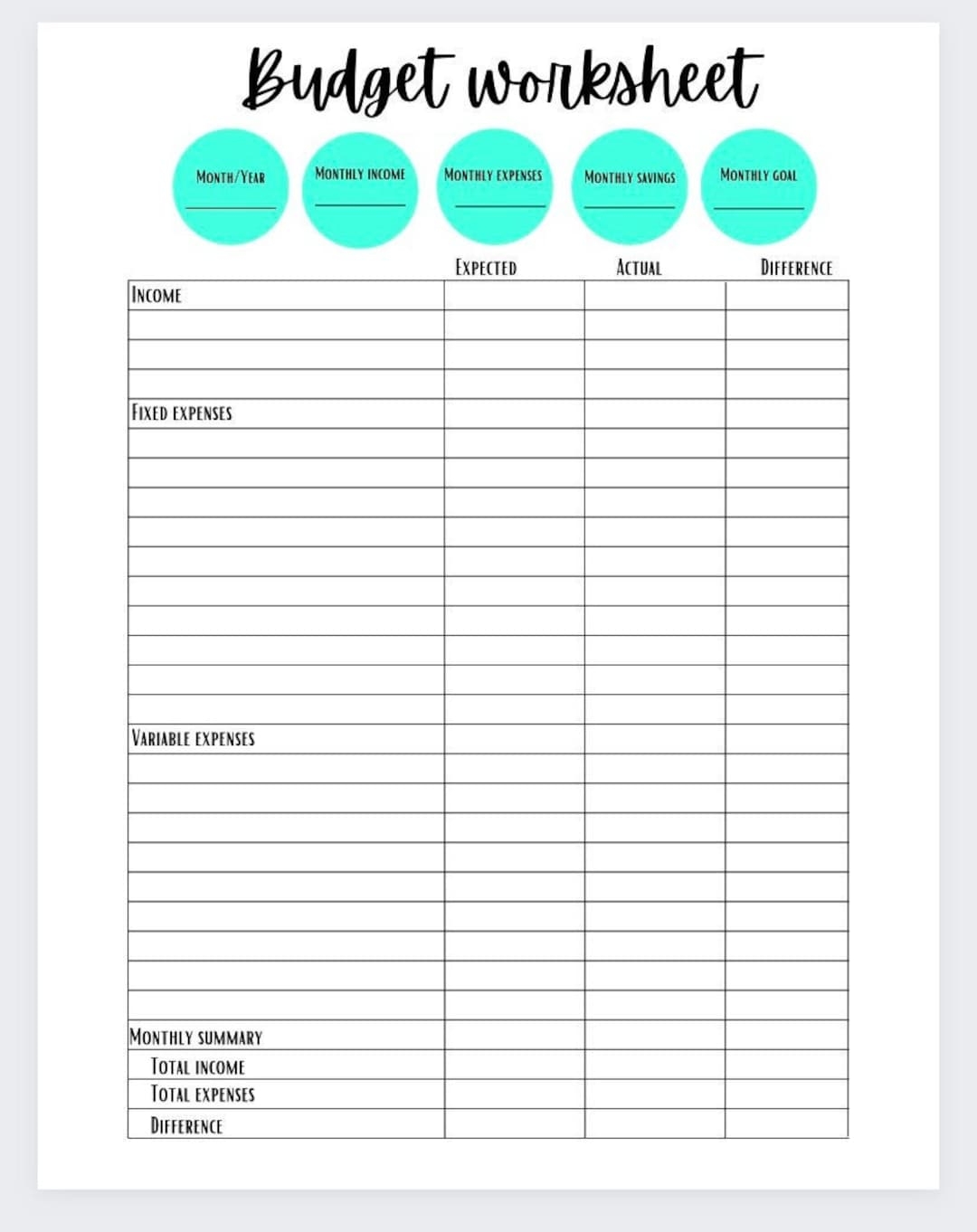 budget worksheet printable