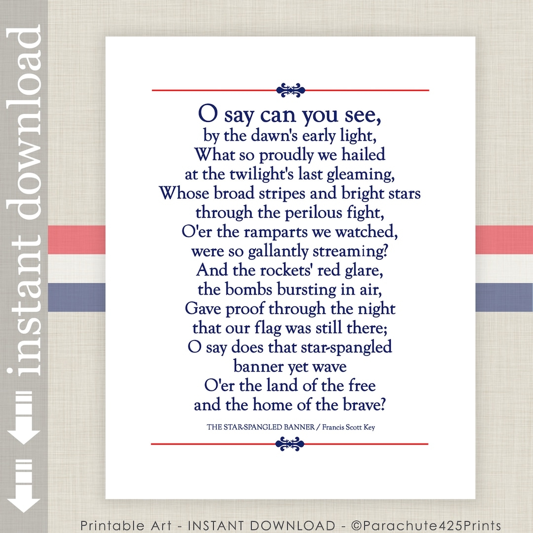 Star Spangled Banner Printable Lyrics Etsy