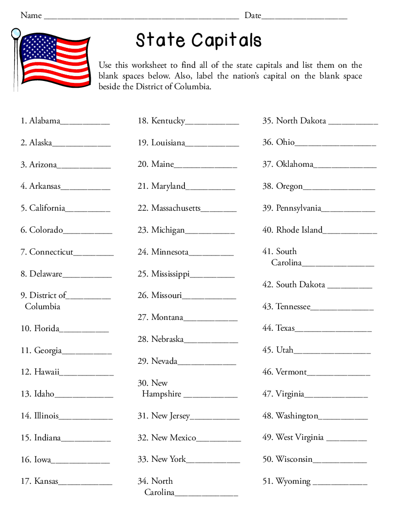 States And Capitals Worksheets State Capitals Worksheet States Worksheets Library
