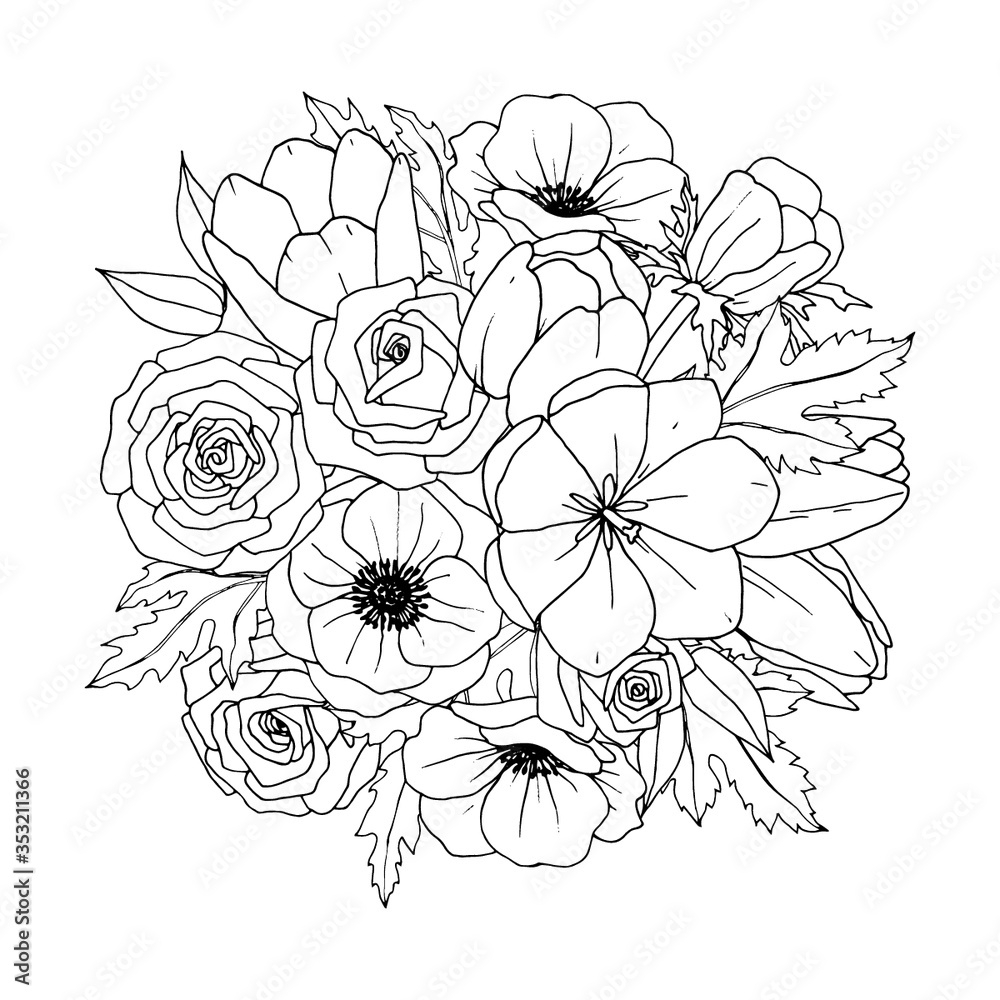 Stock Vektorgrafik Flower Bouquet Floral Mix Vector Coloring Page Flower Bouquet Coloring Book Page Hand drawn Illustration For Coloring Adobe Stock