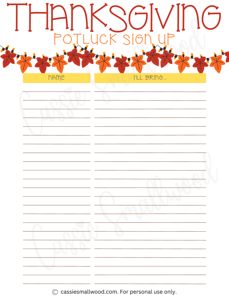 thanksgiving sign up sheet