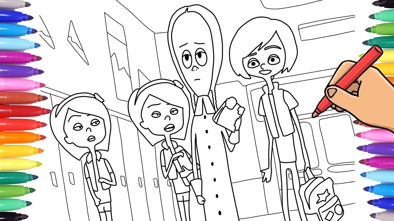 THE ADDAMS FAMILY COLORING BOOK FOR KIDS WEDNESDAY ADDAMS AND HER FRIEND PARKER NEEDLER AT SCHOOL YouTube