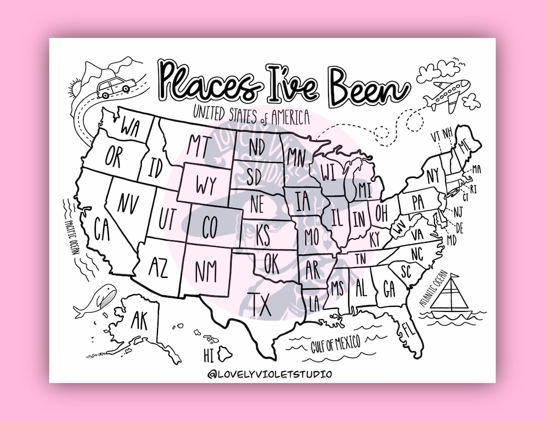 U S Map Coloring Page Digital Download places I ve Been U S Map Printable United States Road Trip Coloring Page Etsy Canada