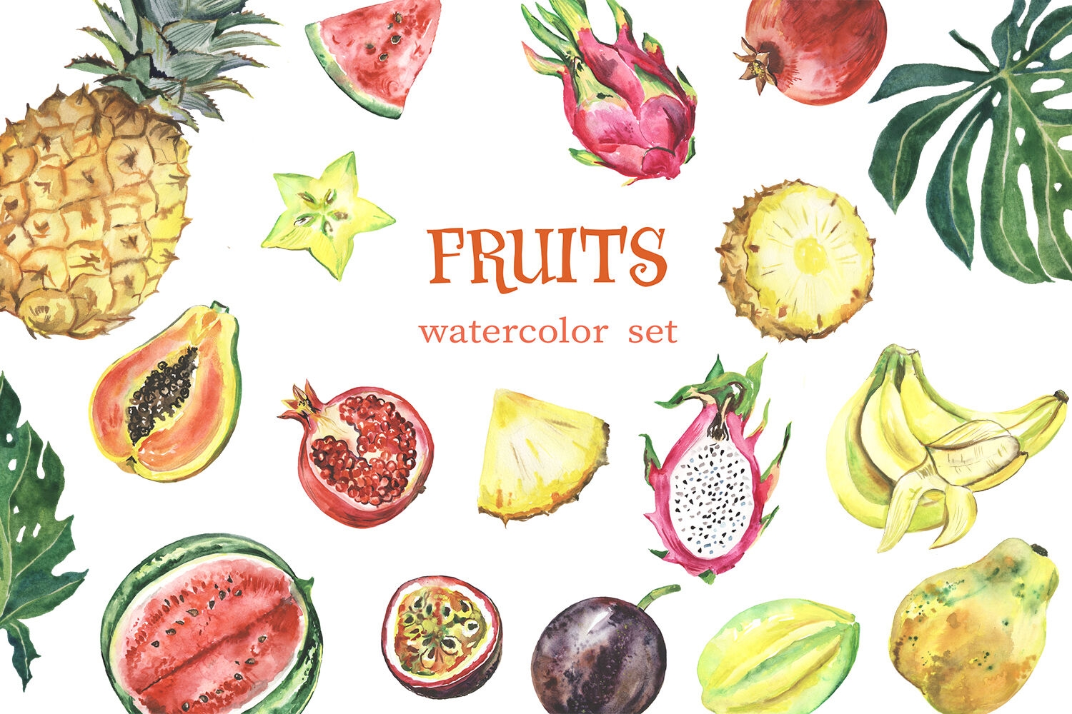 Watercolor Tropical Fruit Clipart Summer Clip Art Fruit Set By Evgeniia Grebneva Painting TheHungryJPEG