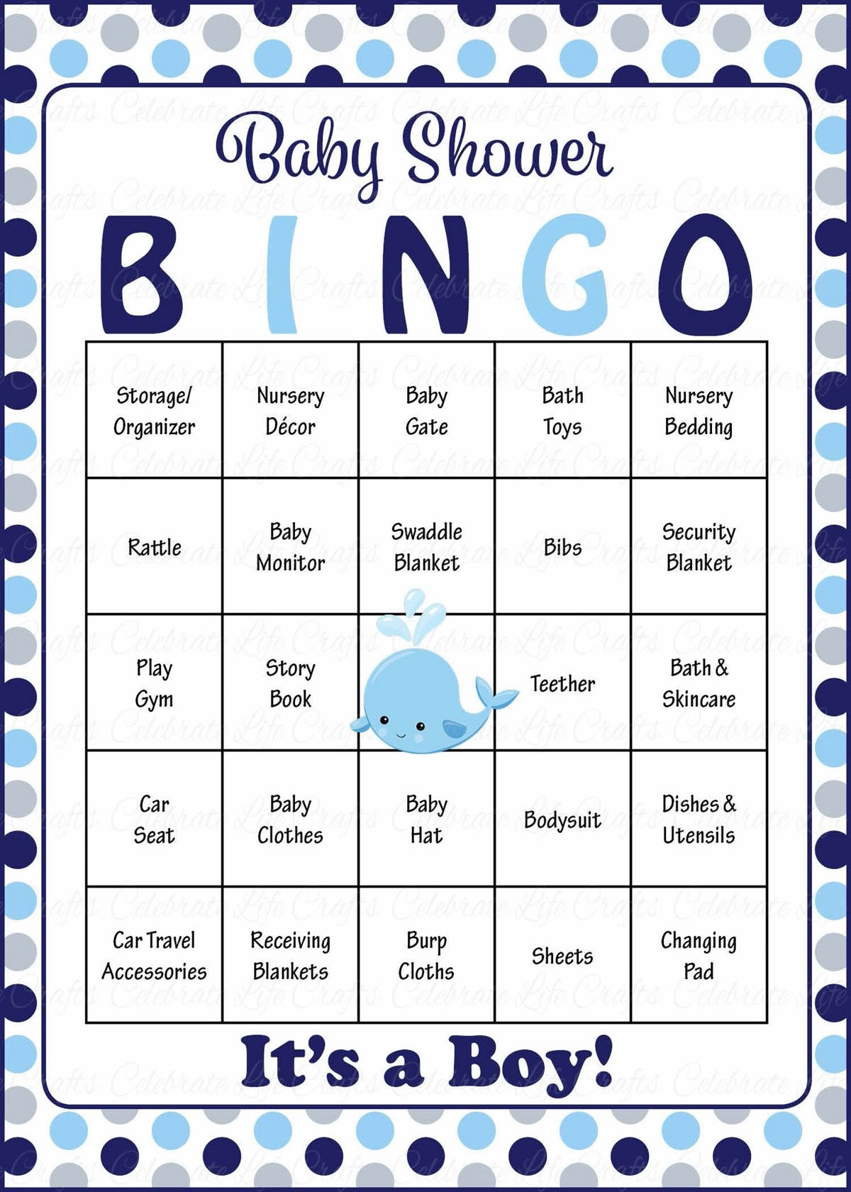 Whale Baby Bingo Cards Printable Download Prefilled Baby Shower Game For Boy Navy Gray Polka Dots B15007
