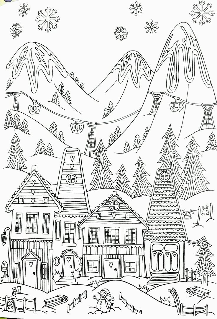 Whimsical Winter Ski Resort Adult Coloring Page Whimsical Winter Ski Resort Adult Coloring Page